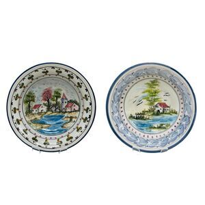 2 Bricolarte Portugal Ceramic Hand Painted Pasta Bowls Serving Signed Fernanda